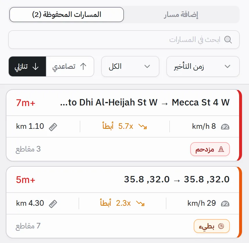 قائمة المسارات المحفوظة: بطاقتان، لكل منهما الاسم وزمن التأخير والسرعة ومعامل الازدحام والطول والحالة وعدد المقاطع