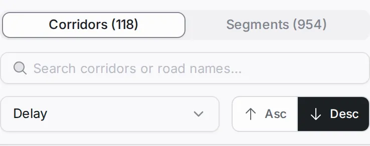 The toolbar above the list: the Corridors and Segments tabs, the search box, the Delay sort list, and the Asc and Desc buttons
