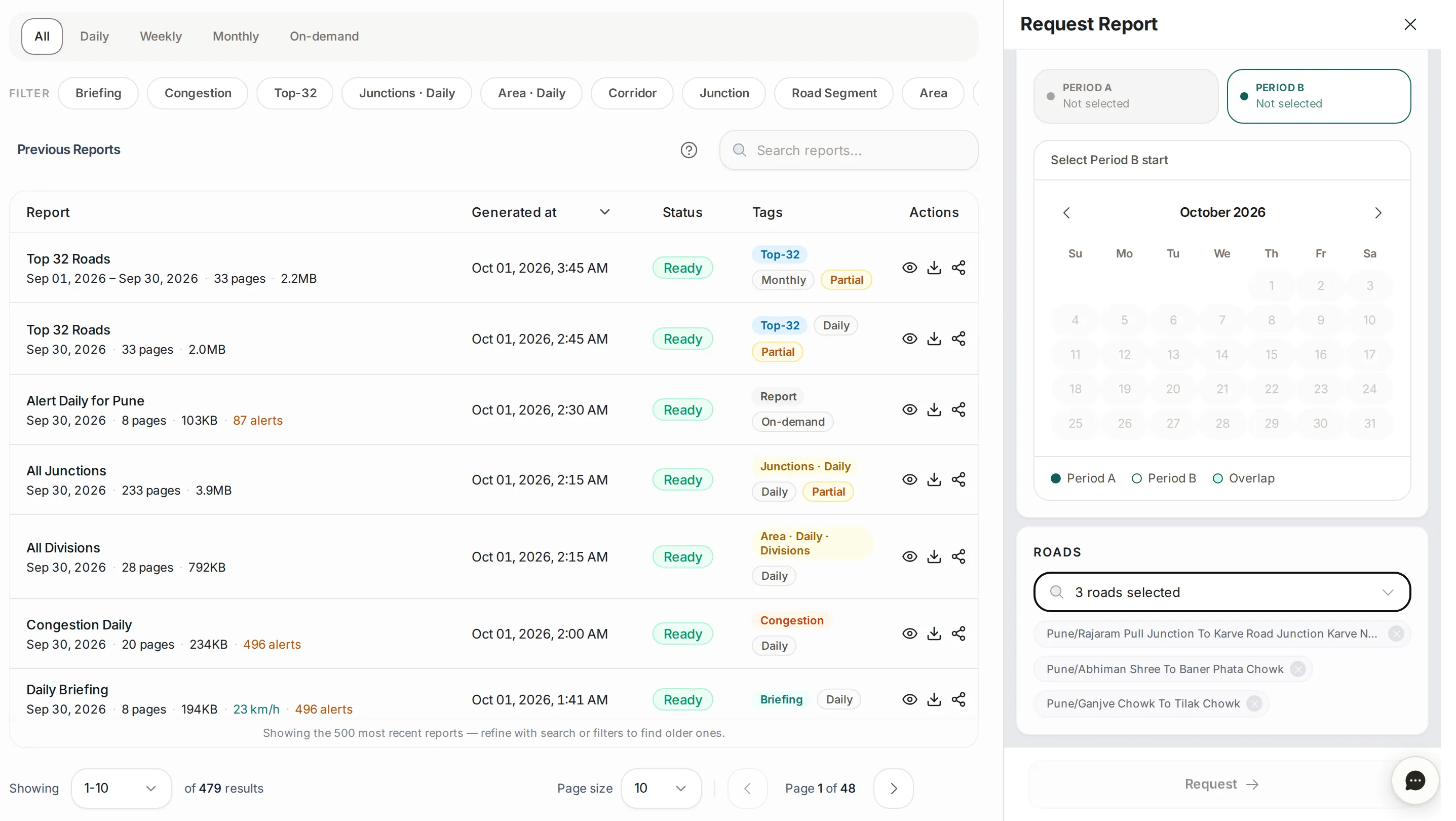 The Request Report panel: Period A and Period B not yet selected, the October 2026 calendar waiting for the start of Period B, three roads selected, and the Request button