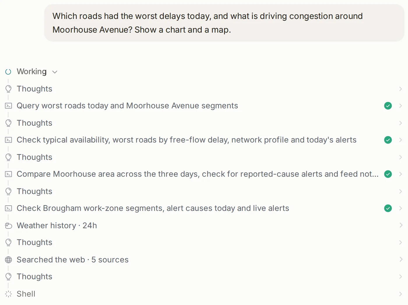 The assistant's working steps: querying roads, checking alerts, weather history and web sources